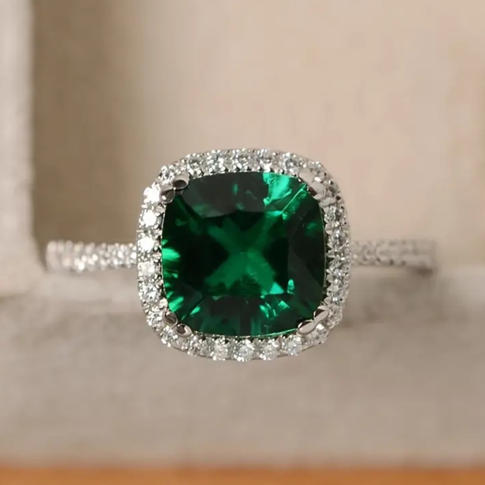 💚 new Emerald Square Cut Engagement Promise Silver 925 Ring